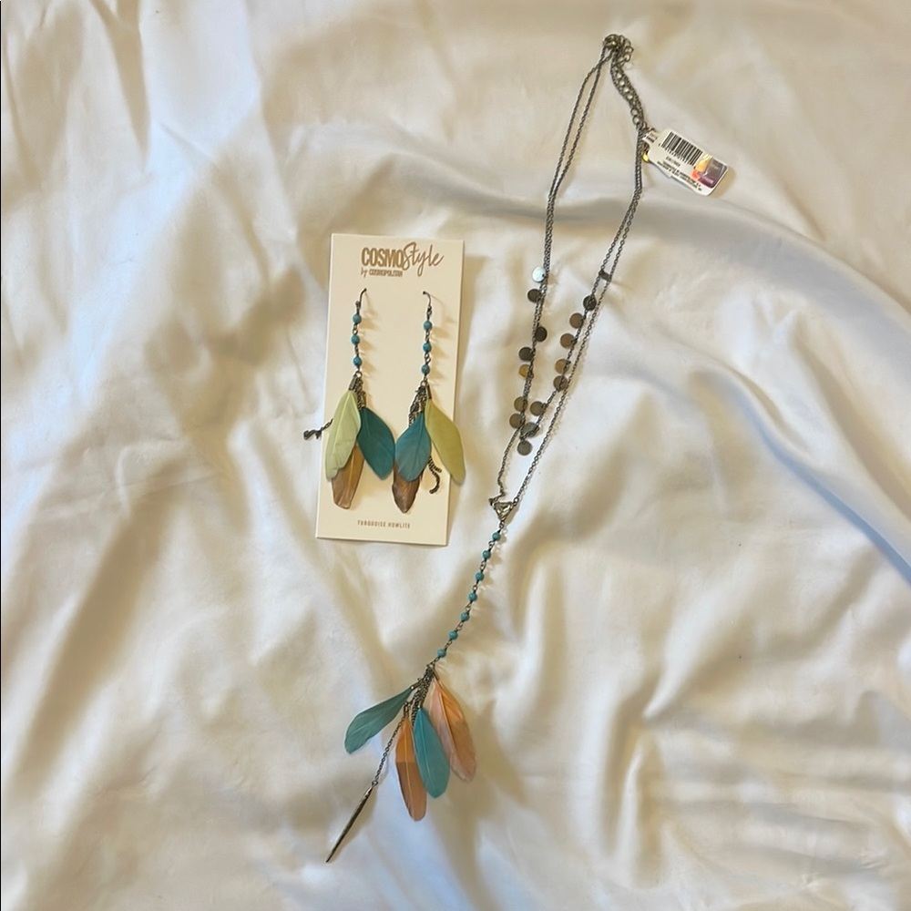Feather Earrings and Necklace Set - Multicolor